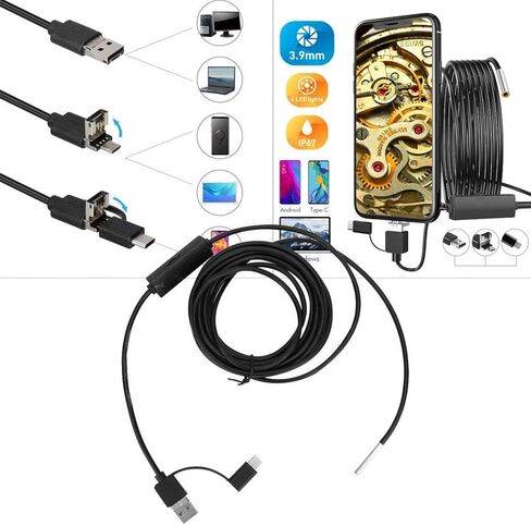 منظار Raguso USB 3 في 1 Borescope USB/Type-C للفحص على شكل ثعبان مع 6 مصابيح LED وعدسة 3.9 مم للكمبيوتر المحمول (فلين 5 متر) in Saudi Arabia