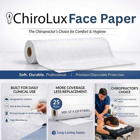 Chirolux Face Paper – Absorbent Disposable Face Cradle Smooth Surface Paper Rolls for Medical & Chiropractic Tables, 8.5" x 125' (25 Rolls) in Saudi Arabia