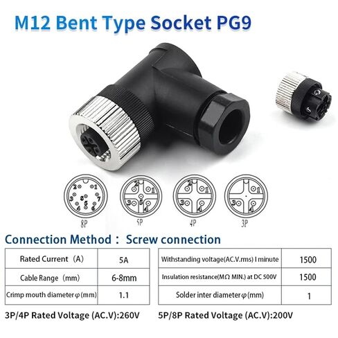 1Pcs M12-PG7 PG9 Socket Connector 3 4 5 8 Pin Straight Bent Male Female Screw Threaded Coupling(PG9 Female Bent,3 Pin) in Kuwait