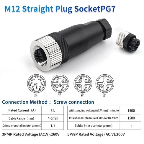 1Pcs M12-PG7 PG9 Socket Connector 3 4 5 8 Pin Straight Bent Male Female Screw Threaded Coupling(PG7 Female Straight,5 Pin) in Kuwait