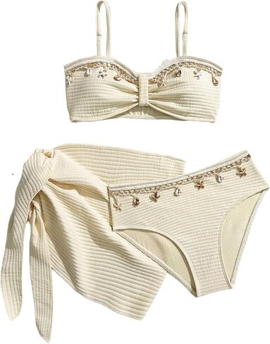 MakeMeChic Girl's 3 Piece Swimsuits Seashell Ruched Spaghetti Strap Bikini Set with Beach Sarongs in Saudi Arabia
