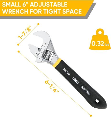 deli 6" Adjustable Wrench Heavy-Duty Chrome Anti-Slip Grip, Smooth-Jaw, Cr-V Steel, Wide Opening for Plumbing & DIY in Saudi Arabia