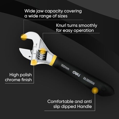 deli 6" Adjustable Wrench Heavy-Duty Chrome Anti-Slip Grip, Smooth-Jaw, Cr-V Steel, Wide Opening for Plumbing & DIY in Saudi Arabia