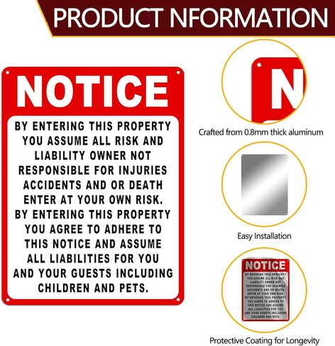 Not Responsible For Accidents Or Injuries Sign, Risk Warning Signs For Property, 9'' X 12'' Enter At Your Own Risk Industrial/No Intrusion Warning Sign in Kuwait