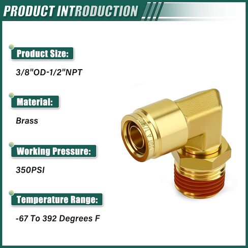 5PCS Brass 90 Degree Elbow DOT Push to Connect Fittings, 3/8" OD x 1/2" NPT Male Union Tube Air Brake Line Fittings for Truck Trailer Air Brake Line and Industrial Pneumatic Systems in Kuwait