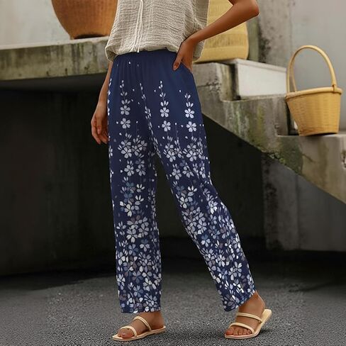 Women's Navy Blue Light Blue Floral Print Elastic Waist Wide Leg Pants with Pockets in Saudi Arabia