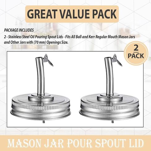 برطمان ماسون، غطاء فوهة للكرة، برطمانات ماسون ذات الفم العادي - (عبوتان) - مناسب لأي سائل - غطاء موزع مفتوح ومغلق من الفولاذ المقاوم للصدأ لزيت الزيتون والخل والشراب والحليب وصلصة السلطة in Kuwait