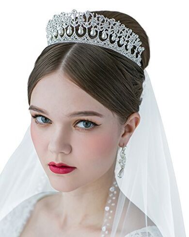 SWEETV Princess Diana Tiara للنساء، تاج زفاف فضي لؤلؤي للعروس، إكسسوارات أزياء من حجر الراين لحفلات أعياد الميلاد in Saudi Arabia