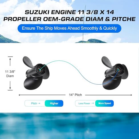 11 3/8x14 Aluminum Boat Propeller for Suzuki DT 35/40/50/55/60/65HP DF 40/50/60HP Engine, 13 Spline Tooth, 3 Blades,OEM Parts No. 58100-95353-019,Rh in Kuwait