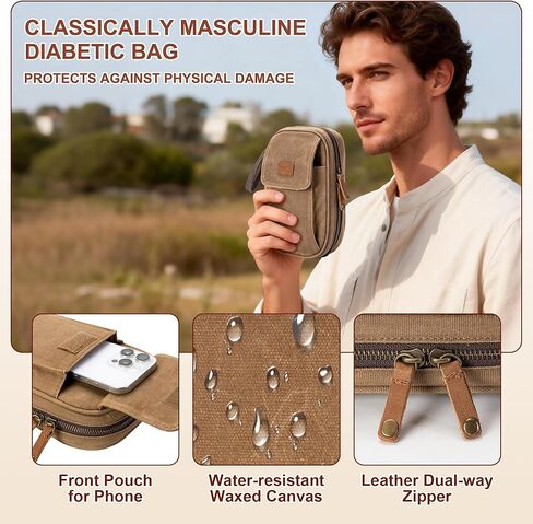 حقيبة سفر من يارو لمستلزمات مرضى السكري للرجال، حقيبة مقاومة للرائحة من القماش المشمع لتخزين مرض السكري مع مشبك جلدي لمراقبة الجلوكوز، وحقنة الأنسولين، وشرائط الاختبار، والمشارط، ومجموعات العناية بمرضى السكري (حقيبة فقط) in Kuwait