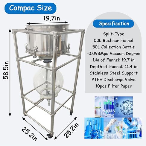 Split-Type Vacuum Filtration System 50L Vacuum Suction Filter with 304 Stainless Steel Buchner Funnel & Borosilicate Glass Flask, -0.098MPa Filtration Apparatus for Solid - Liquid Separation in Kuwait
