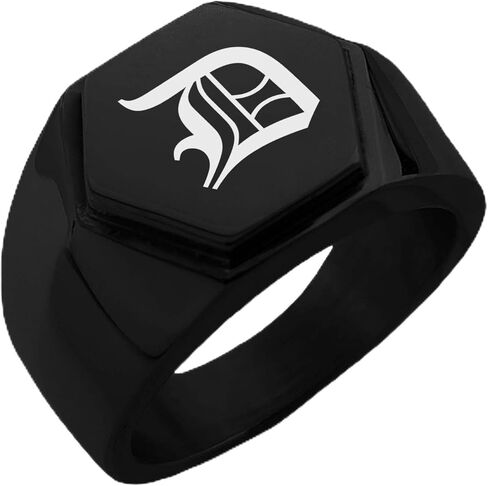 Stainless Steel Letter D Alphabet Initial Old English Monogram Hexagon Crest Flat Top Biker Style Polished Ring in Kuwait