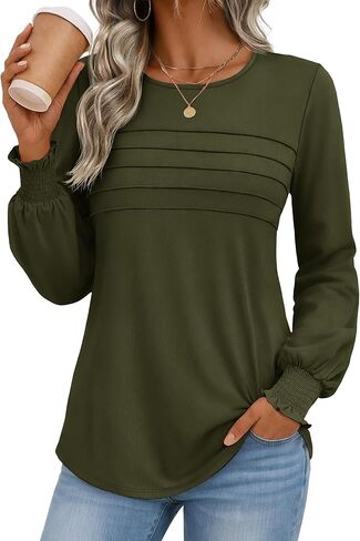 YUCOLEN Long Sleeve Shirts for Women Pleated Crewneck Tunic Tops Cotton Blouses for Women Dressy Casual Vacation in Kuwait