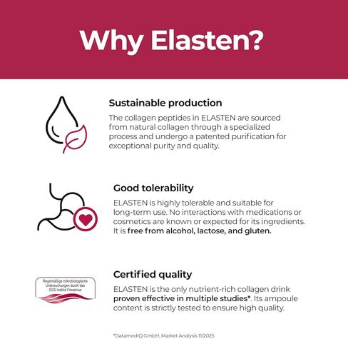 مركب الكولاجين الذي تم اختباره سريريًا من ELASTEN للبشرة المشعة من الداخل - يقلل الخطوط الدقيقة - يدعم الأنسجة الضامة الصحية - 28 أمبولات كولاجين سائل (0.85 أونصة سائلة / 25 مل لكل منها) in Saudi Arabia