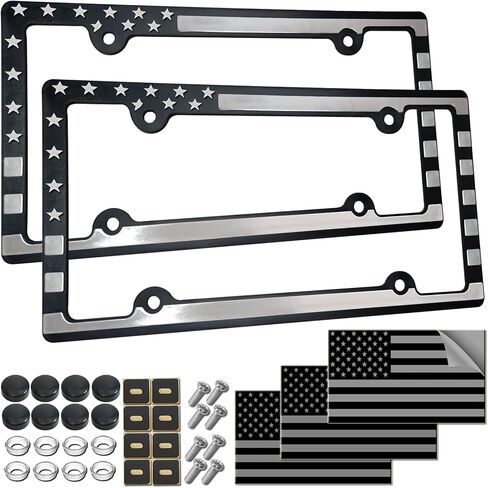 لوحة ترخيص العلم الأمريكية Tuersan American Frame Frame USA الوطنية العلم تغطية علامة السيارة ، حامل الصدأ من الألومنيوم مع طقم الأجهزة التثبيت ، مسامير مقاومة للصدأ ، قبعات سوداء ، أغطية جذع صمام الإطارات in Kuwait