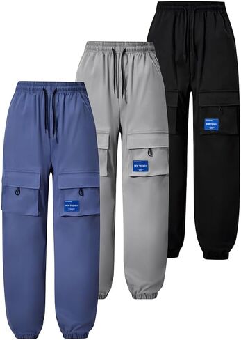 Nivne Tco 3pcs Tween Boys Cargo Pants Casual Drawstring Waist Sweatpants Set Kids Jogger Pants with Pockets in Kuwait