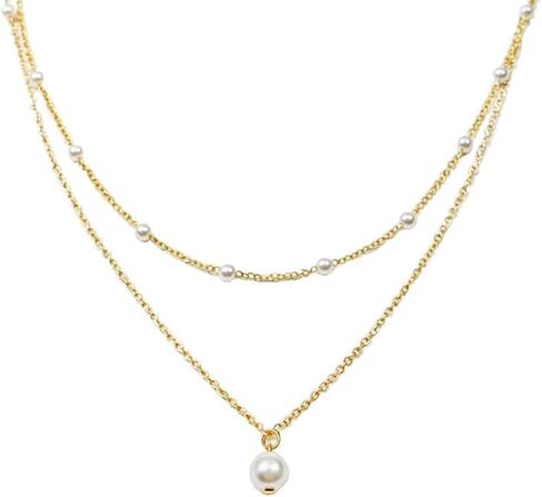 قلادات لؤلؤة الطبقات للنساء ، 14 كيلو بايت قلادة ذهبية لؤلؤة لؤلؤة صليب الطبقات سلسلة الهدية المجوهرات in Kuwait