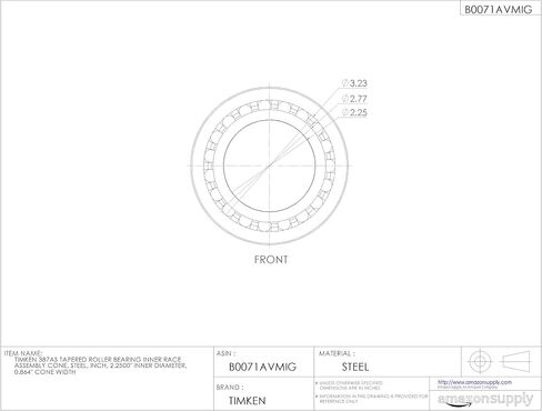 Timken 387AS مخروط تجميع السباق الداخلي بمحمل أسطواني مدبب، فولاذ، بوصة، القطر الداخلي 2.2500 بوصة، عرض المخروط 0.864 بوصة in Saudi Arabia