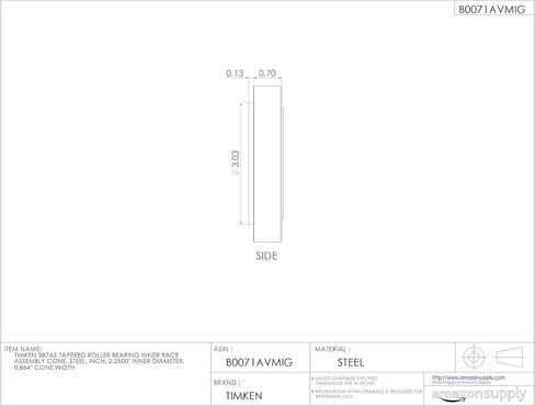 Timken 387AS مخروط تجميع السباق الداخلي بمحمل أسطواني مدبب، فولاذ، بوصة، القطر الداخلي 2.2500 بوصة، عرض المخروط 0.864 بوصة in Saudi Arabia
