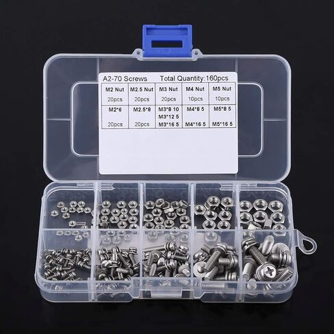160PCS Stainless Steel Pan Head Screw Nut Assortment Kit M2 M2.5 M3 M4 M5 Size for Machine Parts Electronics DIY in Saudi Arabia