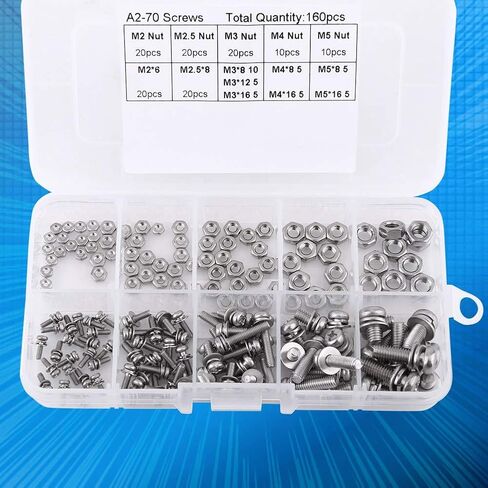 160PCS Stainless Steel Pan Head Screw Nut Assortment Kit M2 M2.5 M3 M4 M5 Size for Machine Parts Electronics DIY in Saudi Arabia