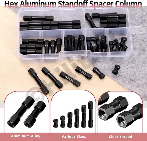 Hilitchi 48Pcs 6Sizes Hex Aluminum Standoff Spacer Column Assortment Kit Black Hexagonal Connecting Column Model Spacer Column Wide Head Column Spacer Pillar for Drone Quadcopter, DIY Models in Saudi Arabia