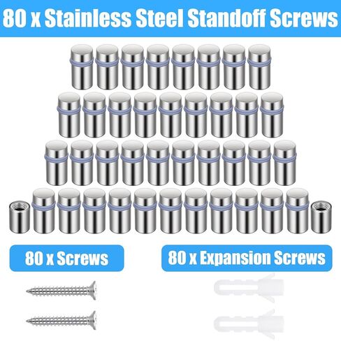 80PCS 1/2 x 3/4 Inch Stainless Steel Standoff Screws, Metal Standoff Pin Wall Mounting Hardware Kit for Acrylic Glass Sign Picture Frame Advertising Display in Kuwait