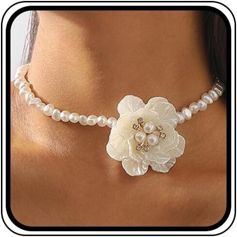 White Pearl Flower Choker Necklaces for Women Large Fashion Camellia French Collar Necklace Trendy Big Pearl Beaded Floral Statement Jewelry Petal Accessories in Kuwait