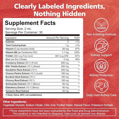 Kidney Cleanse & Liver Support Liquid Drops with Cranberry 20:1, Chanca Piedra & Milk Thistle, Herbal Supplement for Urinary Tract Support, Vegan, Sugar Free, 60 mL in Saudi Arabia