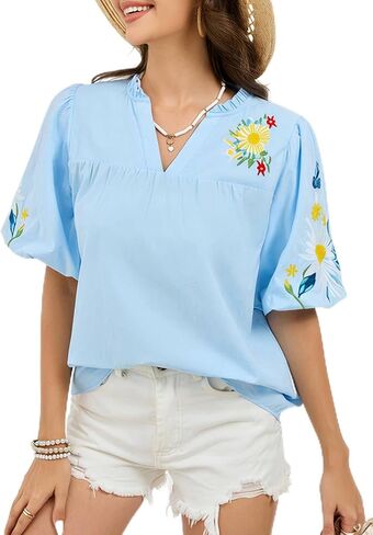 Women's Boho Floral Embroidered Blouse Casual V-Neck Puff Short Sleeve Loose Tunic Top for Summer Shirt in Saudi Arabia