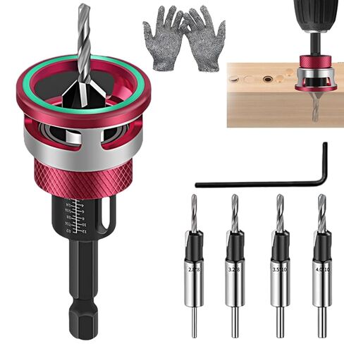 Upgrade Two-Flute Counterbore with Adjustable Depth Stop, 4Pcs Countersink Drill Bit Set, Four-Flute Tapered Drill Bits, Wood Countersink Bit with Wrench for for Woodworking, Cabinetry, DIY (Red) in Saudi Arabia
