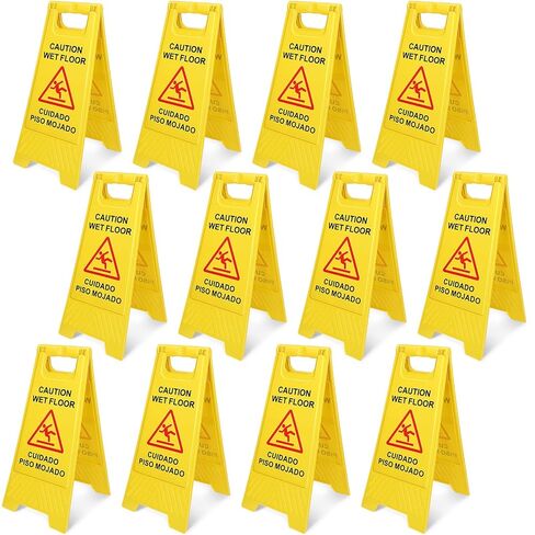 Macarrie 12 Pack Caution Wet Floor Sign Wet Floor Double Sided Cuidado Piso Mojado Foldable Bilingual Alert Sign for Commercial Use Indoors Outdoors, 11.5 x 23.62 Inches(Classic Style) in Saudi Arabia