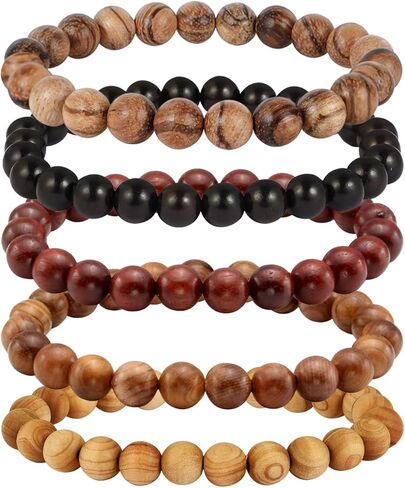 MILAKOO 5Pcs Natural Wood Bracelets with Hematite Stone Cross Religious Tibetan Buddhist Christian Style in Kuwait