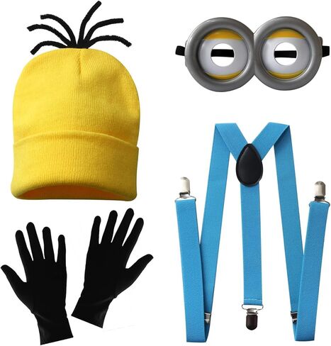 Yellow Costume Set for Halloween Little Friends with Goggles, Suspenders, Gloves and Beanie Hat for Adults in Kuwait