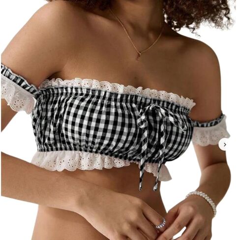 Women Gingham Top Lace Trim Spaghetti Strap Cami Cute Plaid Crop Going Out Corset Tops in Saudi Arabia