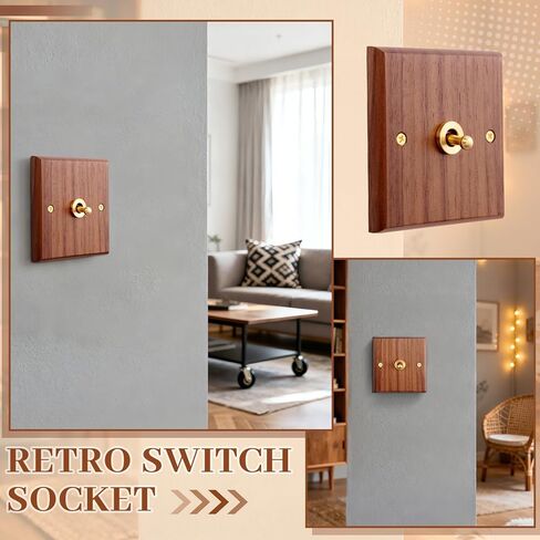 مقبس مفتاح الإضاءة على الطراز الصناعي الأمريكي القديم، 3.38 بوصة من خشب الجوز الصلب مفتاح هزاز للضوء 1/2 طريقة رافعة نحاسية داخلية من النحاس على شكل لوحة عتيقة للمنزل لديكور المنزل (عصابتان) in Kuwait