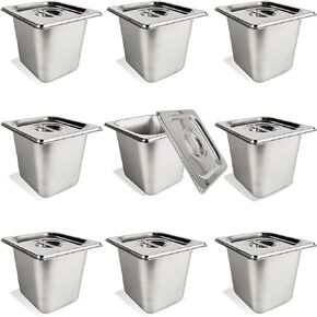 9 Pcs 1/6 Size 6 Inch Deep Restaurant Hotel Pan with Lids Stainless Steel Steam Table Pan Commercial Catering Metal Food Trays Warming Pans for Food Hotel Buffet in Kuwait