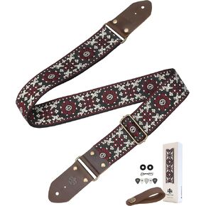 Guitar Strap - Crazy Horse Cowhide Ends,Safe Durable,2in,Soft Adjustable Guitar Straps for Acoustic&Electric Guitars,Bass,Ukulele,Guitarists Gift Set,Striped Bamboo Leaf in Saudi Arabia