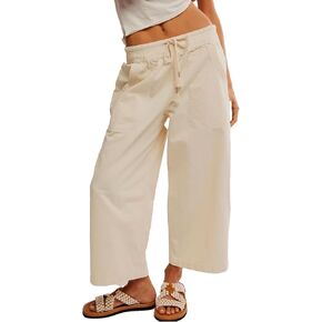 Women Barrel Jeans Casual Wide Leg Baggy Elastic Mid Rise Boyfriend Y2k Loose Denim Pants with Drawstring in Kuwait