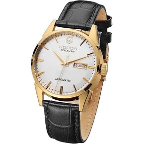 ساعة يد ميكانيكية كلاسيكية ذهبية للرجال أوتوماتيكية، عرض اليوم والتاريخ، حزام أسود فاخر، هدية R0101 Fashion Business in Kuwait