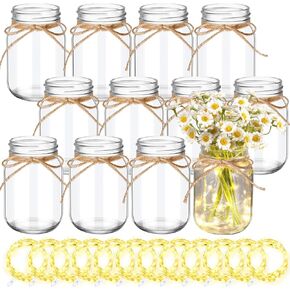 Chunful 6 Pcs Glass Mason Jar with LED Lights for Table Centerpiece Decorations Set Clear Rustic Farmhouse Coffee Table Decor with LED Lights for Wedding Dining Room Kitchen Decor in Saudi Arabia