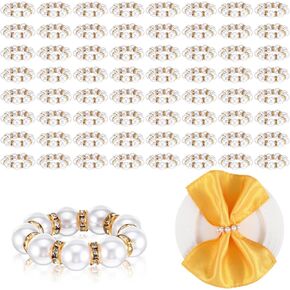 65 Pcs Gold and White Imitation Pearl Napkin Rings Bulk Beaded Serviette Buckles for Wedding Party Dinner Table Decor, Elastic Napkin Holder for Home Decor and Daily Use in Kuwait