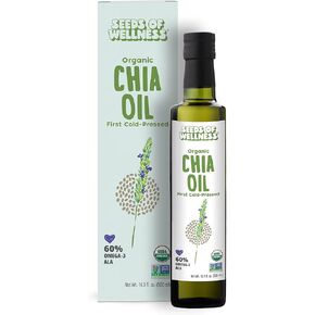 بذور العافية - زيت بذور الشيا العضوي، مغذيات حيوية أساسية، أحماض دهنية أوميجا 3 ALA نباتية، معصور على البارد، غير مكرر، غير معدل وراثيًا، 16.9 أونصة سائلة (500 مل) زجاجة زجاجية، عبوة من قطعة واحدة، شيلي in Kuwait