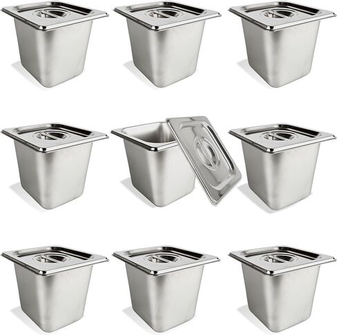 9 Pcs 1/6 Size 6 Inch Deep Restaurant Hotel Pan with Lids Stainless Steel Steam Table Pan Commercial Catering Metal Food Trays Warming Pans for Food Hotel Buffet in Kuwait