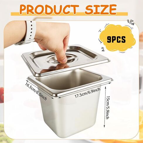9 Pcs 1/6 Size 6 Inch Deep Restaurant Hotel Pan with Lids Stainless Steel Steam Table Pan Commercial Catering Metal Food Trays Warming Pans for Food Hotel Buffet in Kuwait
