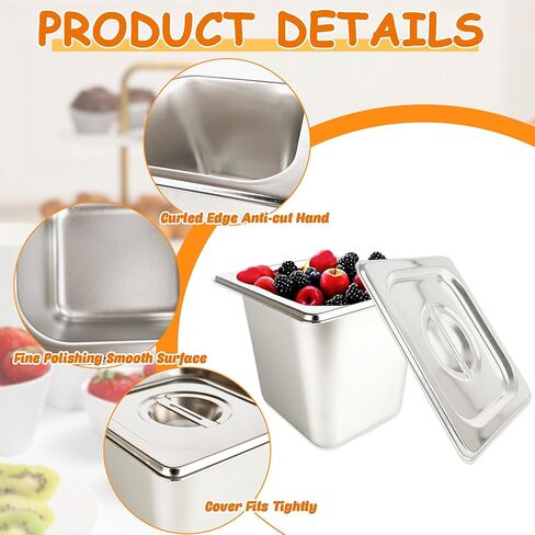 9 Pcs 1/6 Size 6 Inch Deep Restaurant Hotel Pan with Lids Stainless Steel Steam Table Pan Commercial Catering Metal Food Trays Warming Pans for Food Hotel Buffet in Kuwait