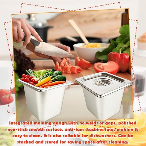 9 Pcs 1/6 Size 6 Inch Deep Restaurant Hotel Pan with Lids Stainless Steel Steam Table Pan Commercial Catering Metal Food Trays Warming Pans for Food Hotel Buffet in Kuwait