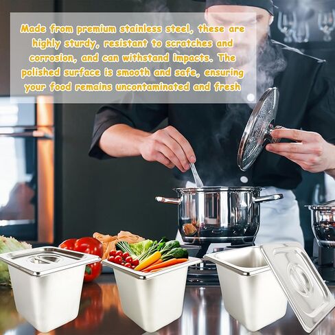 9 Pcs 1/6 Size 6 Inch Deep Restaurant Hotel Pan with Lids Stainless Steel Steam Table Pan Commercial Catering Metal Food Trays Warming Pans for Food Hotel Buffet in Kuwait
