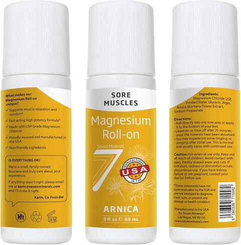 لفة على عصا أرنيكا المغنيسيوم من سبعة معادن - مرخي العضلات الطبيعي بالكامل لألم العضلات وآلام الظهر وتشنجات الساق - لفة أرنيكا مع المغنيسيوم لتخفيف الألم سريع المفعول وتخفيف العضلات، 3 أونصة سائلة in Kuwait