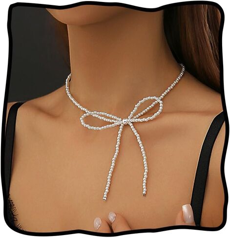 JEAIRTS Pearl Bow-Knot Choker Necklace Beaded Bow Tie Short Necklaces Chain Jewelry for Women in Kuwait